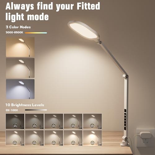 LED Desk Lamp for Home Office with C- Clamp | Swing Arm, Memory, Timer, 30 Dimmable Modes, Computer Light for Video Calls, Zoom Meeting, Conference, Streaming, Podcasting - color: White