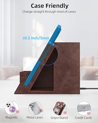 Wireless Charger with Desk Organizer, 3 Compartments and 1 Phone Stand - color: Dark Brown