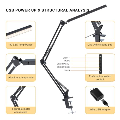 TROPICALTREE LED Desk Lamp for Home Office and Round Base, Clamp-On with 5 Light Modes & Auto Shut Off | 14W Adjustable Brightness 5000K Eye-Caring Lighting for Study/Bedroom/Computer Desk - color: Black