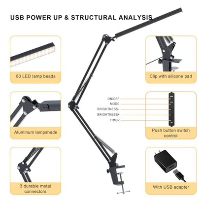 TROPICALTREE LED Desk Lamp for Home Office and Round Base, Clamp-On with 5 Light Modes & Auto Shut Off | 14W Adjustable Brightness 5000K Eye-Caring Lighting for Study/Bedroom/Computer Desk - color: Black