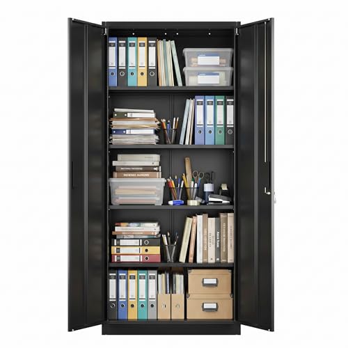 71" H Metal Garage Storage Cabinet,Lockable Steel File Cabinet with 4 Adjustable Shelves,Assembly Required, Warehouse,Office,Home, Black - color: Black, size: 15.75" × 31.50" W × 70.87" H.