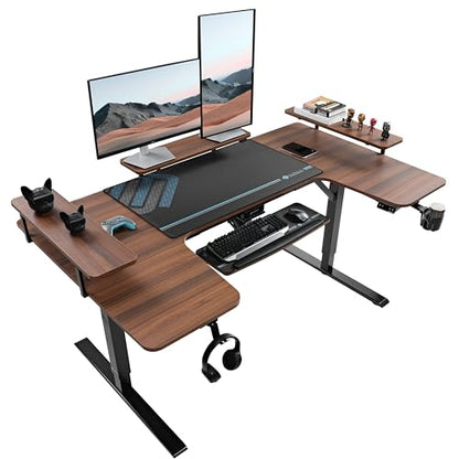 EUREKA ERGONOMIC Gaming Standing Desk with Keyboard Tray,74" U Shaped Studio Desk for Recording&Live,Electric Height Adjustable Desk w LED Convertible Shelves,Walnut