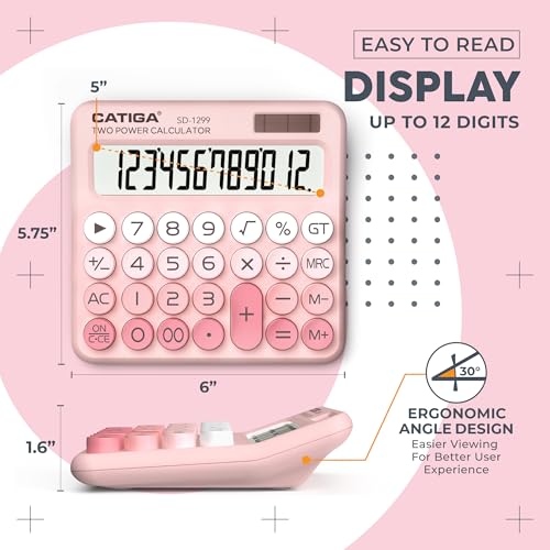 CATIGA Mechanical Switch Calculator with Solar and Battery Dual Power, 12-Digit Large LCD Display, Aesthetic and Cute Desktop Calculator with Big Button, for Home, School and Office Use, SD-1299 - color: Z) Blush Pink