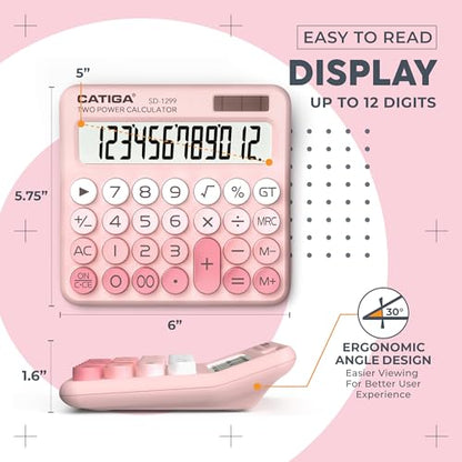CATIGA Mechanical Switch Calculator with Solar and Battery Dual Power, 12-Digit Large LCD Display, Aesthetic and Cute Desktop Calculator with Big Button, for Home, School and Office Use, SD-1299 - color: Z) Blush Pink