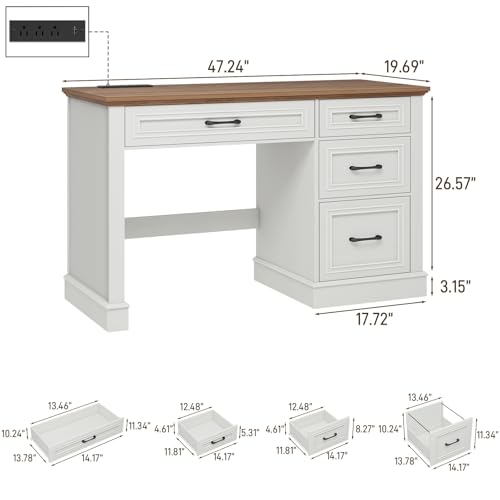 Vabches Farmhouse 47" Executive Desk with Charging Station, Unique White | Computer Desk with Drawers, Workstation Computer Desk with File Drawer for Home Office,Study. - color: Unique White