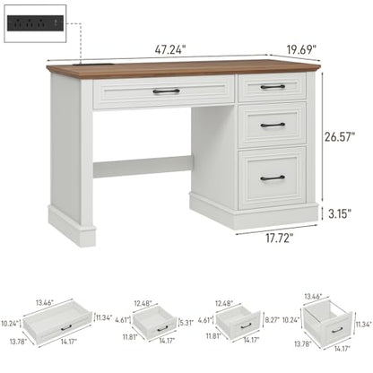Vabches Farmhouse 47" Executive Desk with Charging Station, Unique White | Computer Desk with Drawers, Workstation Computer Desk with File Drawer for Home Office,Study. - color: Unique White