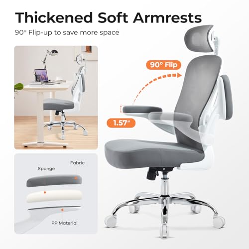 Ergonomic Office Chair, Mesh Office Desk Chair, Grey, 1 Pack | Lumbar Support, Head Support, Rocking Function, Flip-up Armrests, Mesh High Back, Suitable for Home, Office - color: Grey