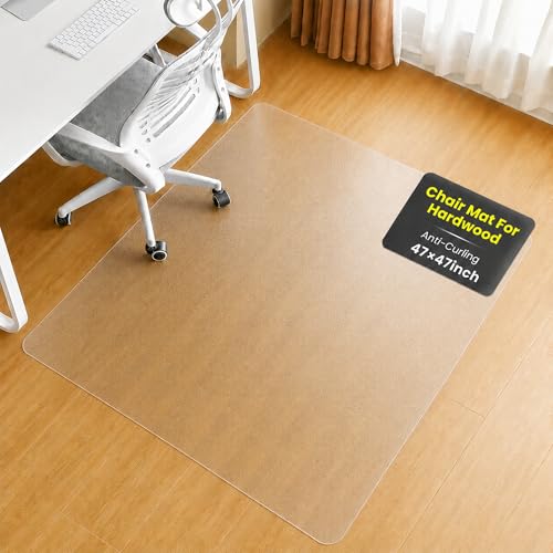 47" x 47" Square Heavy Duty Polycarbonate Chair Mat, Clear Frosted PVC Floor Protector, Non Studded Bottom Mat for Rolling Chairs, Wood and Tile Floors, Home Office - size: 47 × 47 in