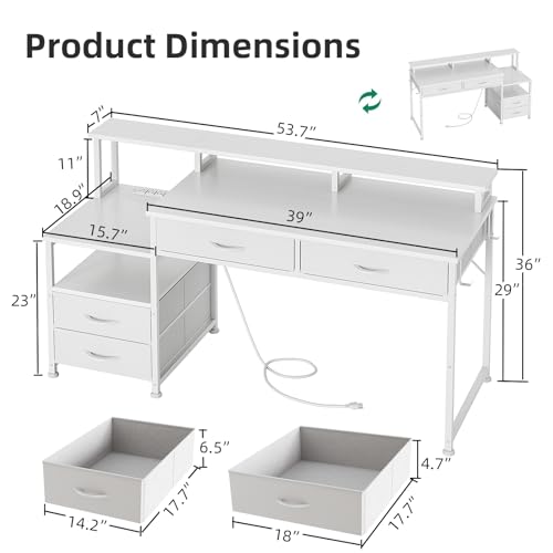 MUTUN 53" Computer Desk with 4 Drawers & Power Outlets, Reversible Home Office Desk with Monitor Stand & Printer Stand, Gaming Desk with Led Lights, Study Writing Work Desk Table for Bedroom (White) - color: White