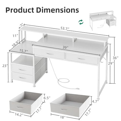 MUTUN 53" Computer Desk with 4 Drawers & Power Outlets, Reversible Home Office Desk with Monitor Stand & Printer Stand, Gaming Desk with Led Lights, Study Writing Work Desk Table for Bedroom (White) - color: White