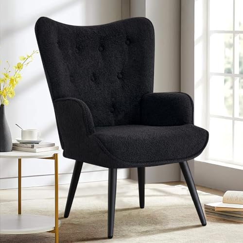 Furniliving Boucle Accent Chair for Living Room, Upholstered Reading Chair with High Backrest, Tufted-Button Wingback Armchair for Bedroom, Dressing Room, Home Office, Black - color: Black-2, size: Set of 1