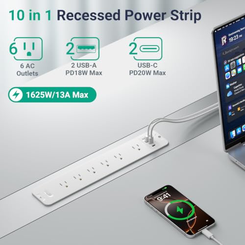 Recessed Surge Protector Power Strip with 6AC + 4USB (2 USB-C PD20W), 1800J, 6FT Extension Cord, Space-Saver Flush Mount for Conference Tables/Desks/Furniture/Kitchen - color: White