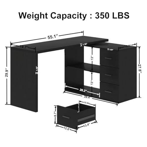 HSH Black L Shaped Desk Corner Desk with 3 Storage Drawers 55 inch | Reversible Home Office Corner Desk with 2 Open Side Shelves Modern Wood Executive L Desks for Bedroom,Study Workstation - color: Black Oak, size: 55 Inch