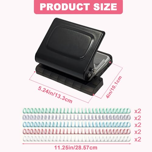 10 Hole Punch Binding Machine for Planner, Manual Binding System with 10 Multi-Color Binder Rings for Making 26 Holes on B5, 30 Holes on A4, 20 Holes on A5 Book, 10 Sheet Capacity - Black - color: Black