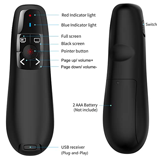 Wireless Presentation Clicker for Google Slides: 100ft Range | Ultra-Bright 656ft Red Pointer | Battery Powered - Plug & Play USB Presenter Remote with Volume & Black Screen for Mac Win PPT Keynote - style: USB-1 Pack
