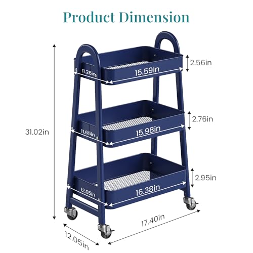 OLIXIS Metal 3 Tiers Rolling Storage Utility Cart with Lockable Wheels - color: Blue, size: 3-Tiered 17 inches