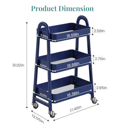 OLIXIS Metal 3 Tiers Rolling Storage Utility Cart with Lockable Wheels - color: Blue, size: 3-Tiered 17 inches