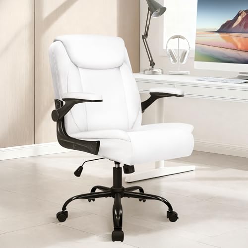 NEO CHAIR PU Leather Office Desk Chair with Adjustable Arms, White | Ergonomic Mid Back Computer Desk Chair Comfy with Wheels Swivel Rolling for Home Office Gaming Study - color: White