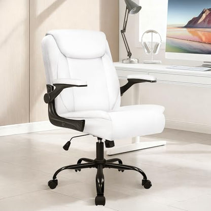 NEO CHAIR PU Leather Office Desk Chair with Adjustable Arms, White | Ergonomic Mid Back Computer Desk Chair Comfy with Wheels Swivel Rolling for Home Office Gaming Study - color: White