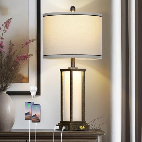 Cinkeda 27" Tall Vintage Table Lamp with USB C+A & Outlet,Bronze Industrial End Table Lamp for Living Room,Farmhouse Rustic Bedside Lamp with Frosted Glass Night Light for Bedroom Nightstand,Bronze-1P - color: Bronze-1P