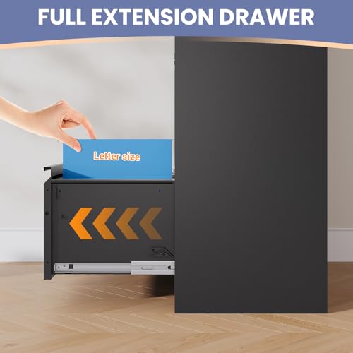 2 Drawer Lateral File Cabinet, Office Storage Cabinet with 2 Wide&Deep Drawers and Locking Doors, Black Metal Cabinet with Adjustable Shelves for Home Office, Fits A4/Letter/Legal Size Folders