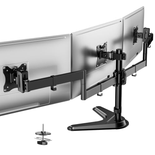 Triple Monitor Stand fits 3 Screens up to 27 Inches, Freestanding | Cable Management, Heavy Duty, Fully Adjustable, Weighted Base, 22 lbs Capacity per Arm, Black