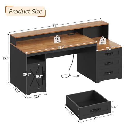 65" Farmhouse Computer Desk with Drawers and Printer Stand for Home Office - color: Brown and Black