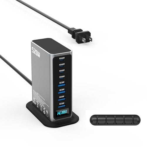 520W USB C Charger Station, 8-Port (4C+4A) GaN Fast Charger Block, 100W PD PPS for MacBook/iPad/iPhone, with PFC & Anti-Slip Base, Ventilation Design, Include 1.5M 100W Cable & Cable Organizer - color: silver