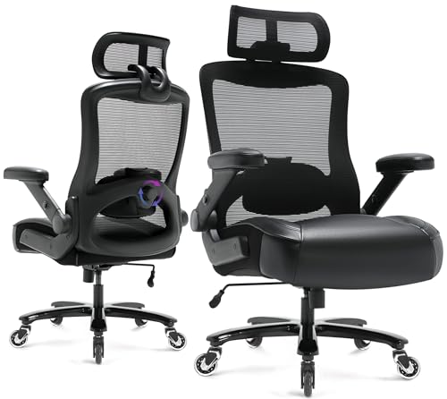 600lbs Big and Tall Office Chair, Heavy Duty Executive Computer Desk Chair | 3D Flip Arms, Large Wheels, Ergonomic Design, Extra Wide Seat, Adjustable Lumbar Support&Headrest, Mesh High Back Chair - color: Black-black Armrests
