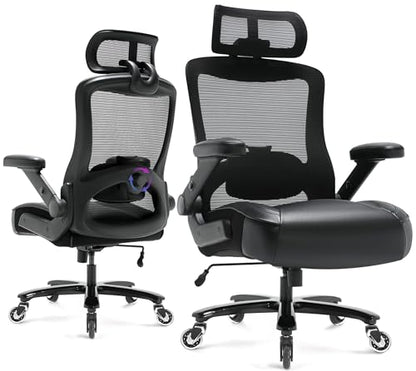 600lbs Big and Tall Office Chair, Heavy Duty Executive Computer Desk Chair | 3D Flip Arms, Large Wheels, Ergonomic Design, Extra Wide Seat, Adjustable Lumbar Support&Headrest, Mesh High Back Chair - color: Black-black Armrests