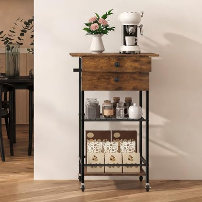 ETELI Coffee Cart Station with Lockable Wheels and Coffee Pod Storage | 5 Tier Coffee Bar Cart with 2 Drawers and Wire Mesh Storage for Kitchen Living Room Office Coffee Nook, Rustic Brown