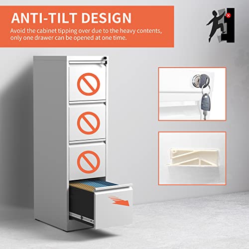 IKIMI 4 Drawer Metal File Cabinet with Lock,White Office Filing Cabinets - color: White, size: 4 Drawers