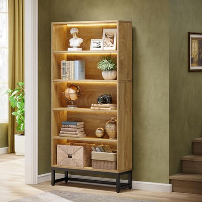 Tribesigns Tall Bookcase and Bookshelf, 70.8" Large Bookcases Organizer with LED Lights, Heavy Duty Free-Standing Library Bookshelf with 5-Tier Storage Shelves for Living Room, Bedroom (Brown) - color: Brown