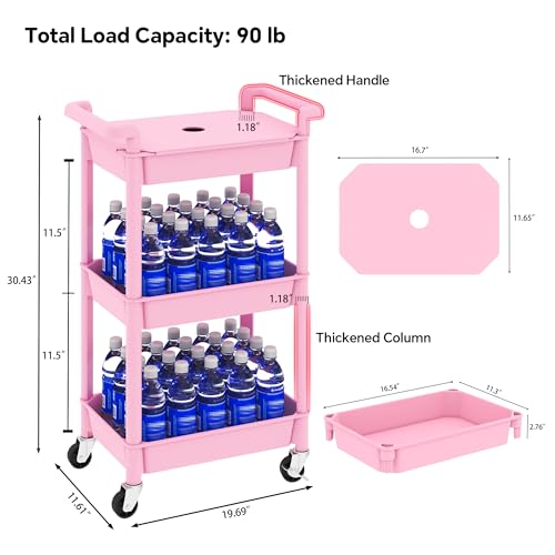 MIOCASA Utility Rolling Cart with Cover Top Board, 3-Tier Kitchen Storage Organization, Art Cart with Wheels for Office, Classroom, Livingroom, Kitchen, Bathroom, Pink, Plastic - size: 3-Tier, style: Pink