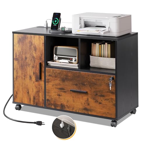 DEVAISE File Cabinet with Charging Station, 1 Drawer Rolling File Cabinet, Locking Filing Cabinet for Home Office, Wood Printer Stand with Storage, Rustic Brown - color: Rustic Brown, style: Eclectic