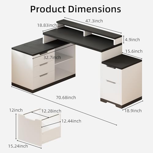 MaverickFurni L Shaped Desk with Drawers and Shelves, Home Office Desk with File Drawer for Work Writing Study, Corner Desk with Monitor Stand and Printer Shelf, White and Black