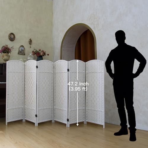 Compact 6 Panel Short Room Divider, 47.2 Inch Tall Double-Sided Rattan Folding Privacy Screen for Home & Office,White - color: White, size: 6 Panel