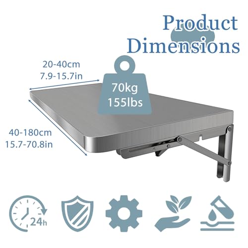 304 Stainless Steel Wall Mount Folding Table 16 20 24 28 32 36 40 43 47 51 59 71in Kitchen Storage Shelf Drop Down Heavy Duty Foldable Wall Mount Shelving for Kitchen Balcony(80x40cm/31.5x15.7in) - size: 80x40cm/31.5x15.7in
