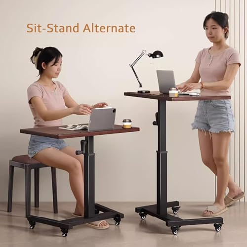 Adjustable Standing Desk, Foldable Office Desk, Manual Crank Sit-Stand Desk, Stand up Desk with Movable Universal Wheels, for Home and Office, Easy to Install,Brown