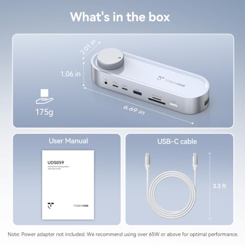 TobenONE USB C Laptop Docking Station Dual Monitor, 100W PD, 5×USB 10Gbps | 15-in-1 Dual HDMI 4K@60Hz, Volume Knob, 100W Charger, Ethernet Audio SD/TF for Dell/Lenovo/HP/Windows(No Power Adapter)