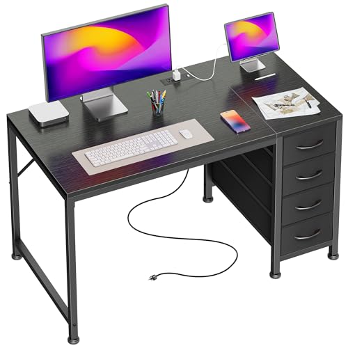 39.4 Inch Computer Office Desk with Power Outelts and USB-C Port, Reversible Gaming Desk with 4 Fabric Drawers, Work Study Desk Work from Home, Black - color: Black, size: 39.4 inch