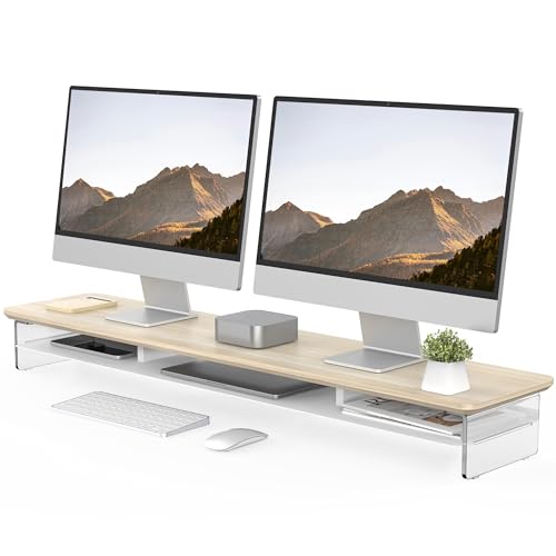 Fenge 42.5" Dual Monitor Stand with Clear Acrylic Legs, Oak | Clear Acrylic, Storage Compartment, 2-tier Home Office Monitor Riser, Wide Large Desktop Shelf Fit Monitor/Laptop/Printer - color: Oak, size: 42.5in