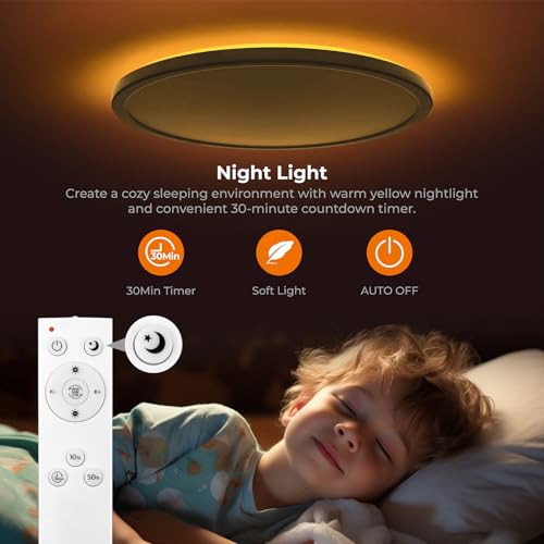 Matane 15.4in LED Flush Mount Ceiling Light Fixture with Remote, 2000K Warm Nightlight, Dimmable 3000K-6500K Low Profile Ceiling Lights for Bedroom, Living Room, 3600LM, White - color: White, size: 15.4 Inch