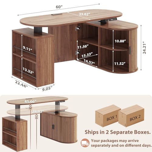 HSH Standing Office Desk with Storage, 60" Electric Standing Desk, Walnut | L Shaped Standing Computer Desks with Open Shelf, Executive Desk Height Adjustable Power Outlet, Stand Up Desk for Home