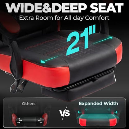 N-GEN GAMING Gaming Chair Big and Tall Computer Heavy Duty Office Desk Chair with Footrest Ergonomic Lumbar Support High Back Recliner for Adults (Red) - color: Red