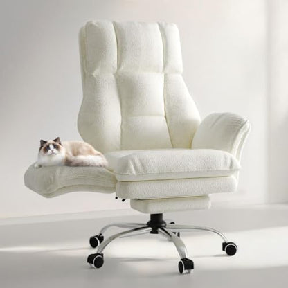 Big and Tall Office Chair, Flip Armrests for Pets & Cross Legged Sitting | Executive Ergonomic Computer Gaming Chair with Foot Rest, Teddy Fleece Wide Seat Reclining Desk Chair, White Vanity Chair - color: White