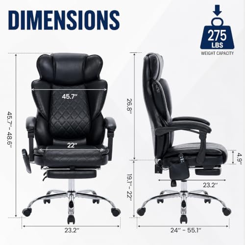 MALOL Executive Office Chair, 22.05" Wide Leather Ergonomic Office Chair with Lumbar Support, Footrest and 6-Point Vibration Massage, Reclines 94°-125° for Home Office Room, Black