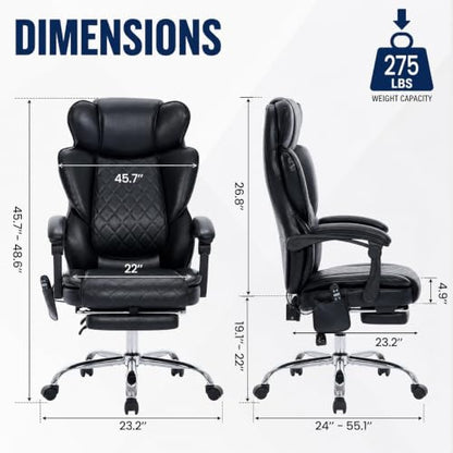 MALOL Executive Office Chair, 22.05" Wide Leather Ergonomic Office Chair with Lumbar Support, Footrest and 6-Point Vibration Massage, Reclines 94°-125° for Home Office Room, Black