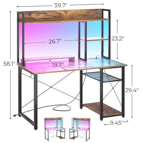 Cyclysio 39'' Gaming Desk with Hutch and Reversible Storage Shelves, Rustic | Home Office Desk with LED Lights & Power Outlets, Computer Desk for Small Space - color: Rustic, size: 39 inch