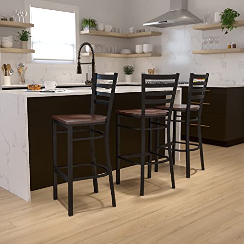 Flash Furniture HERCULES Series Black Ladder Back Metal Restaurant Barstool - Mahogany Wood Seat - color: Mahogany Wood Seat/Black Metal Frame, size: Set of 1